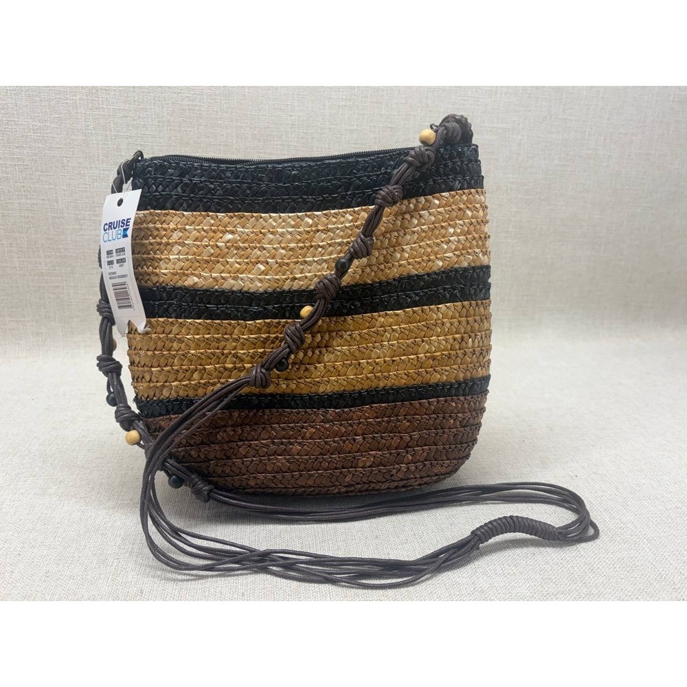 Cruise Club Woven Straw Striped Crossbody Bag Wood Bead Strap NWT Brown Black‎
